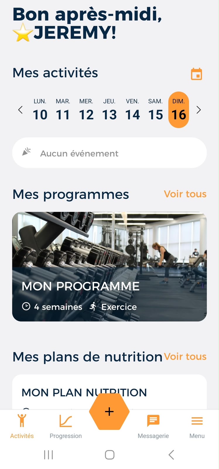 Tableau de bord de l’application Hexfit avec le programme personnalisé